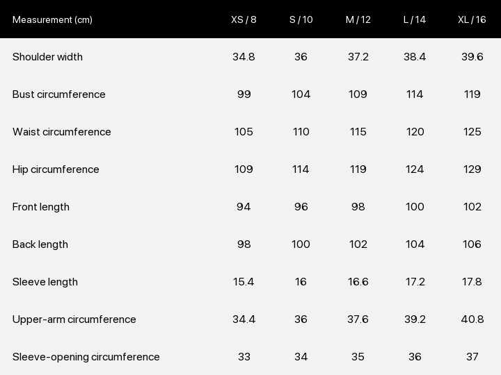 Product size chart enlarged