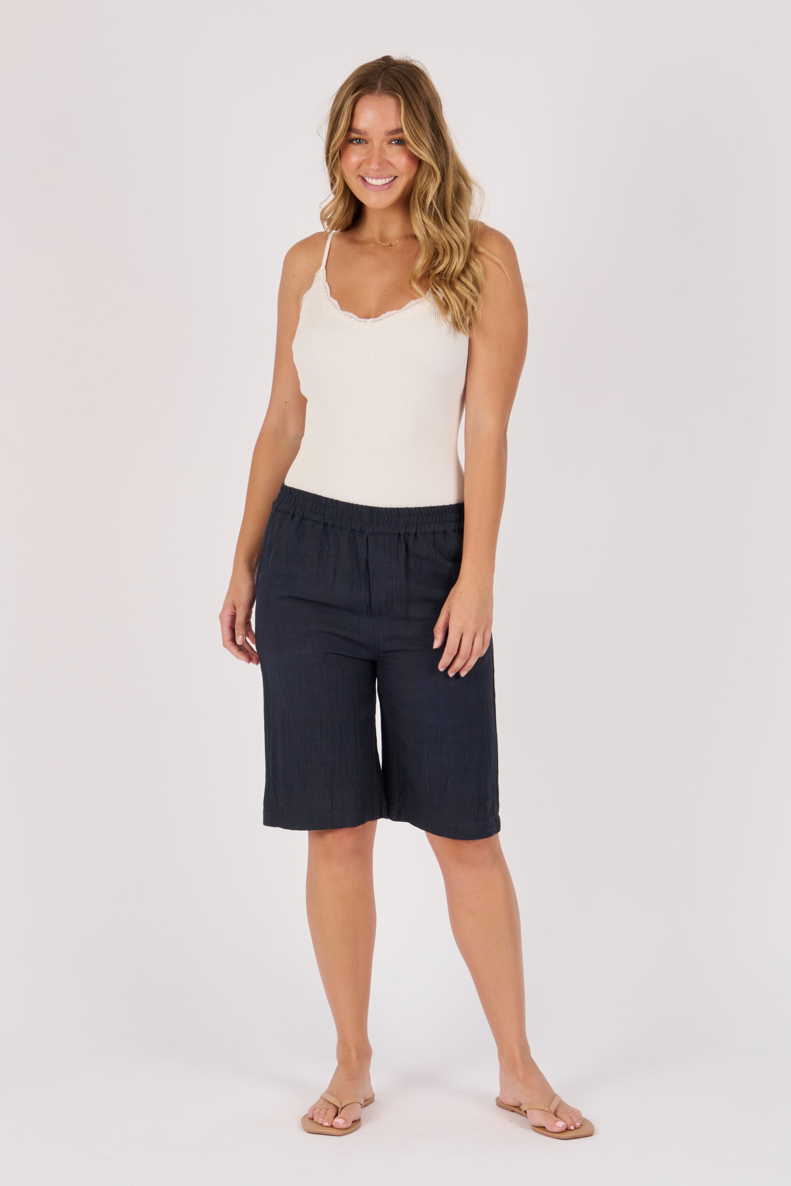 Ellis & Dewey Elastic Waist Pull On Short in Blue - viscose-flex relaxed fit short with elastic waistband and side pockets, designed in Geelong Australia.