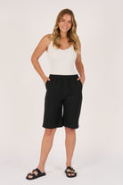 Ellis & Dewey Elastic Waist Pull On Short in Black - viscose-flex relaxed fit short with elastic waistband and side pockets, designed in Geelong Australia.