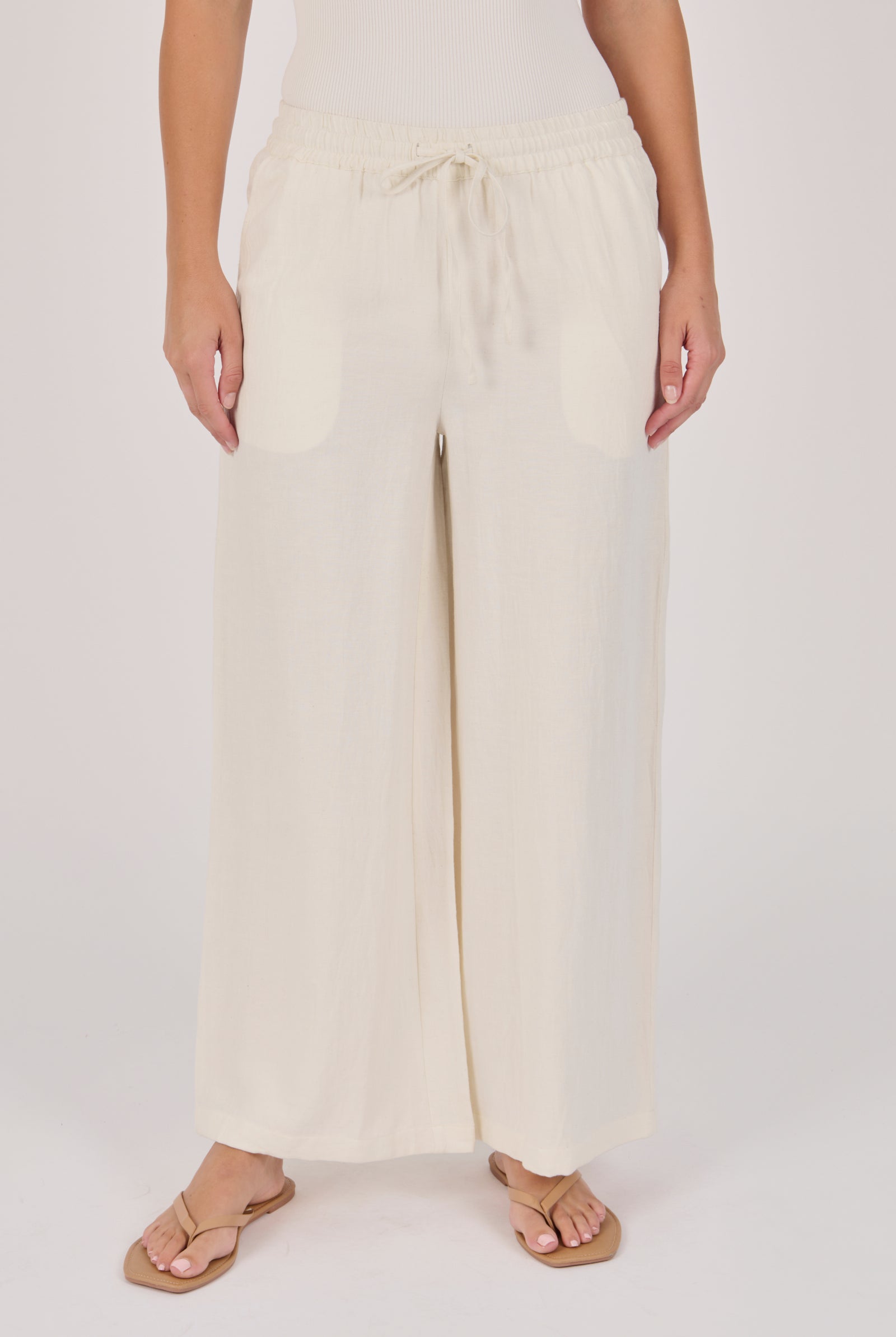 Ellis & Dewey Wide Leg Pull On Pant in Sand - viscose flex wide-leg pant with drawstring waistband and front pockets, designed in Geelong Australia.
