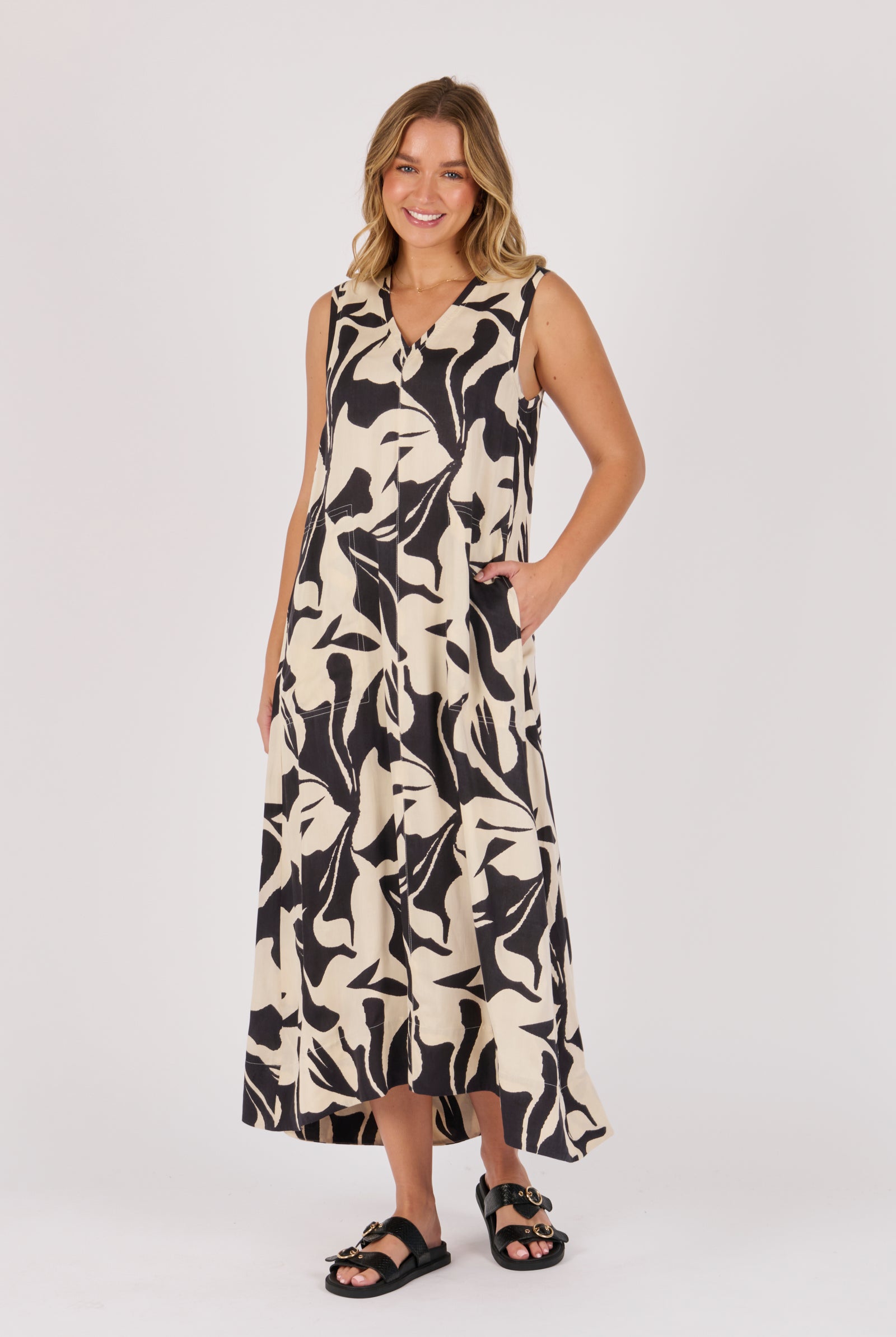 Ellis & Dewey Sleeveless V-Neck Maxi Dress in Ecru and Black Swirl - lightweight viscose summer maxi dress with abstract print, designed in Geelong Australia.