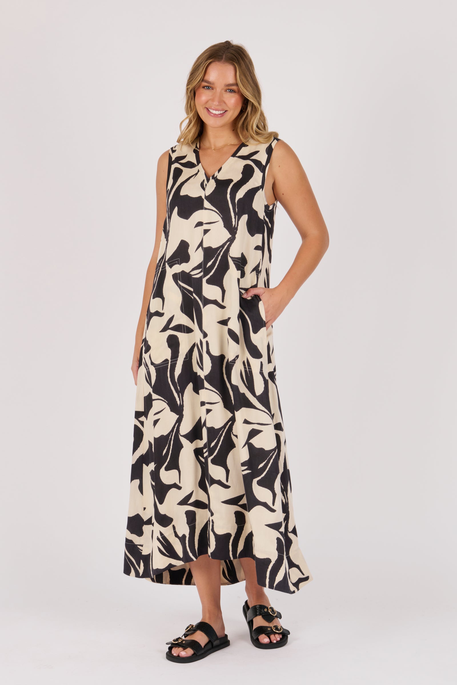 Ellis & Dewey Sleeveless V-Neck Maxi Dress in Ecru and Black Swirl - lightweight viscose summer maxi dress with abstract print, designed in Geelong Australia.