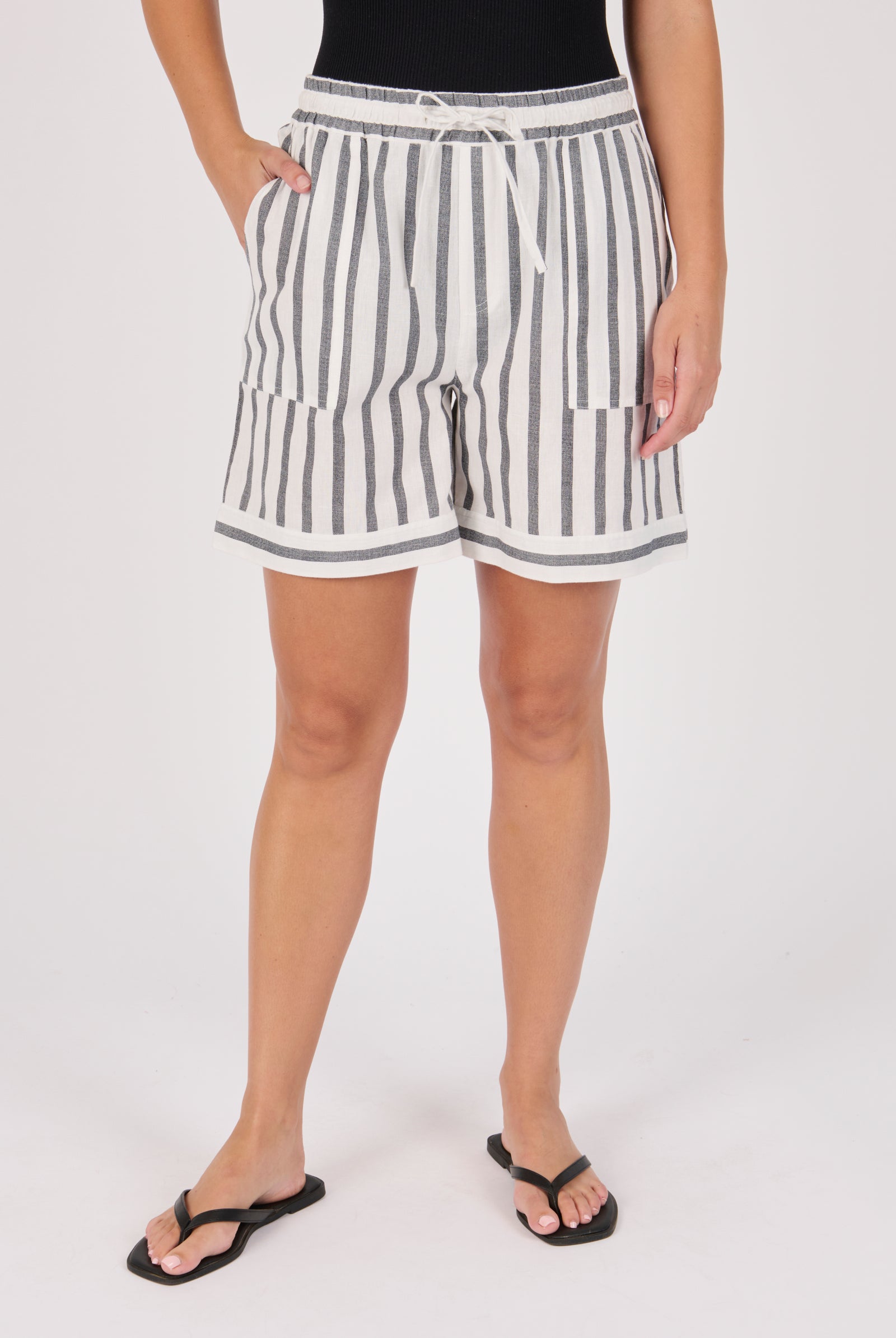 Ellis & Dewey Drawstring Short in Black and White Stripe, cotton-flex relaxed fit short with elastic waistband, drawstring tie, and front patch pockets.