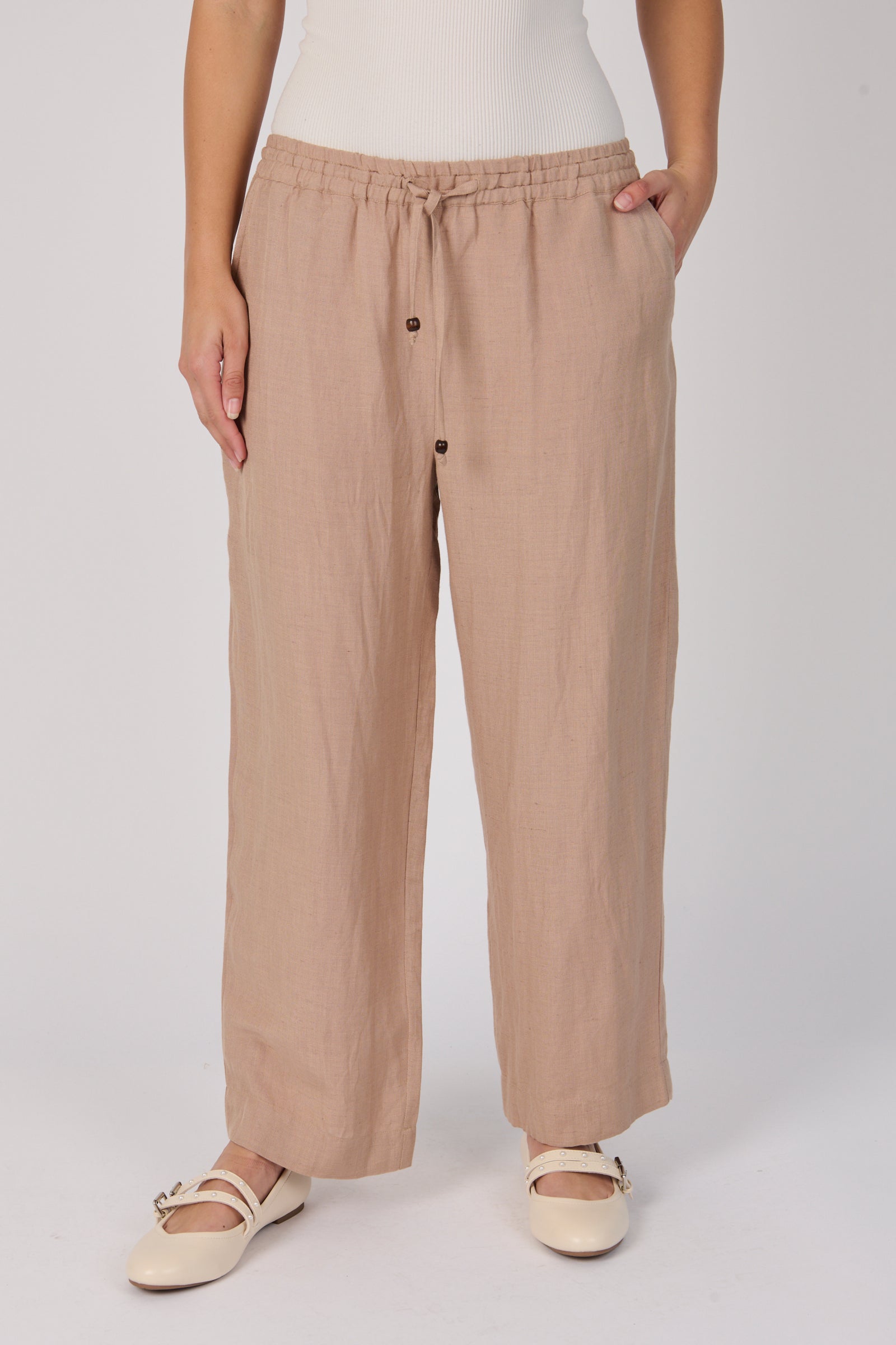 Ellis & Dewey Relaxed Drawcord Pant in Taupe – linen lyocell straight-leg pant with elastic waistband, drawcord tie, and side pockets, designed in Geelong Australia.