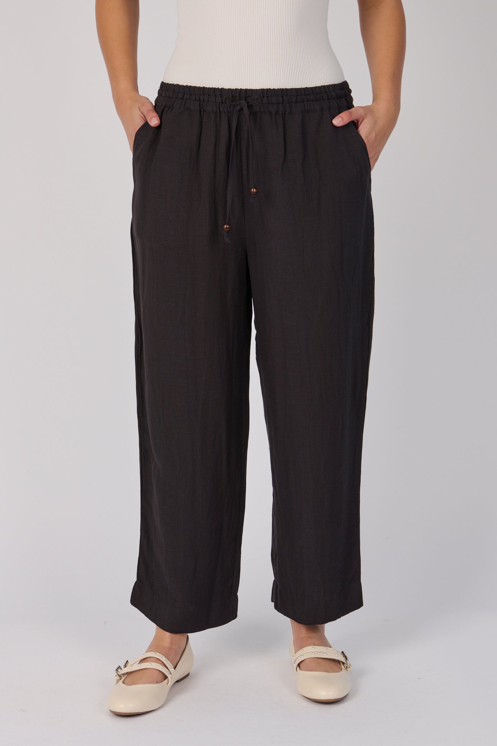 Ellis & Dewey Relaxed Drawcord Pant in Ink – linen lyocell straight-leg pant with elastic waistband, drawcord tie, and pockets, designed in Geelong Australia.