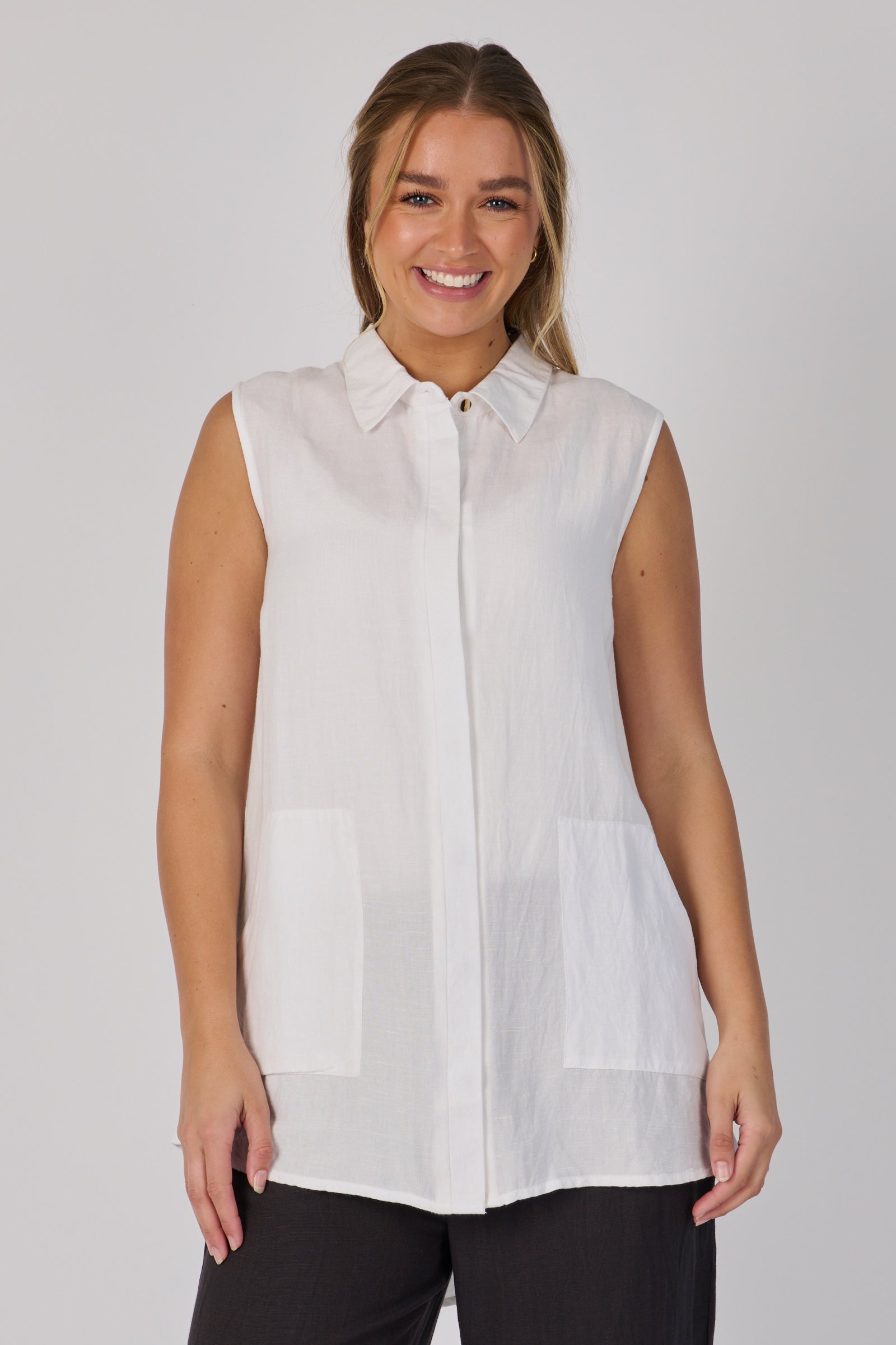 Ellis & Dewey Sleeveless Button Through Top in White – linen lyocell sleeveless top with concealed button placket, collared neckline, and relaxed silhouette, designed in Geelong Australia.