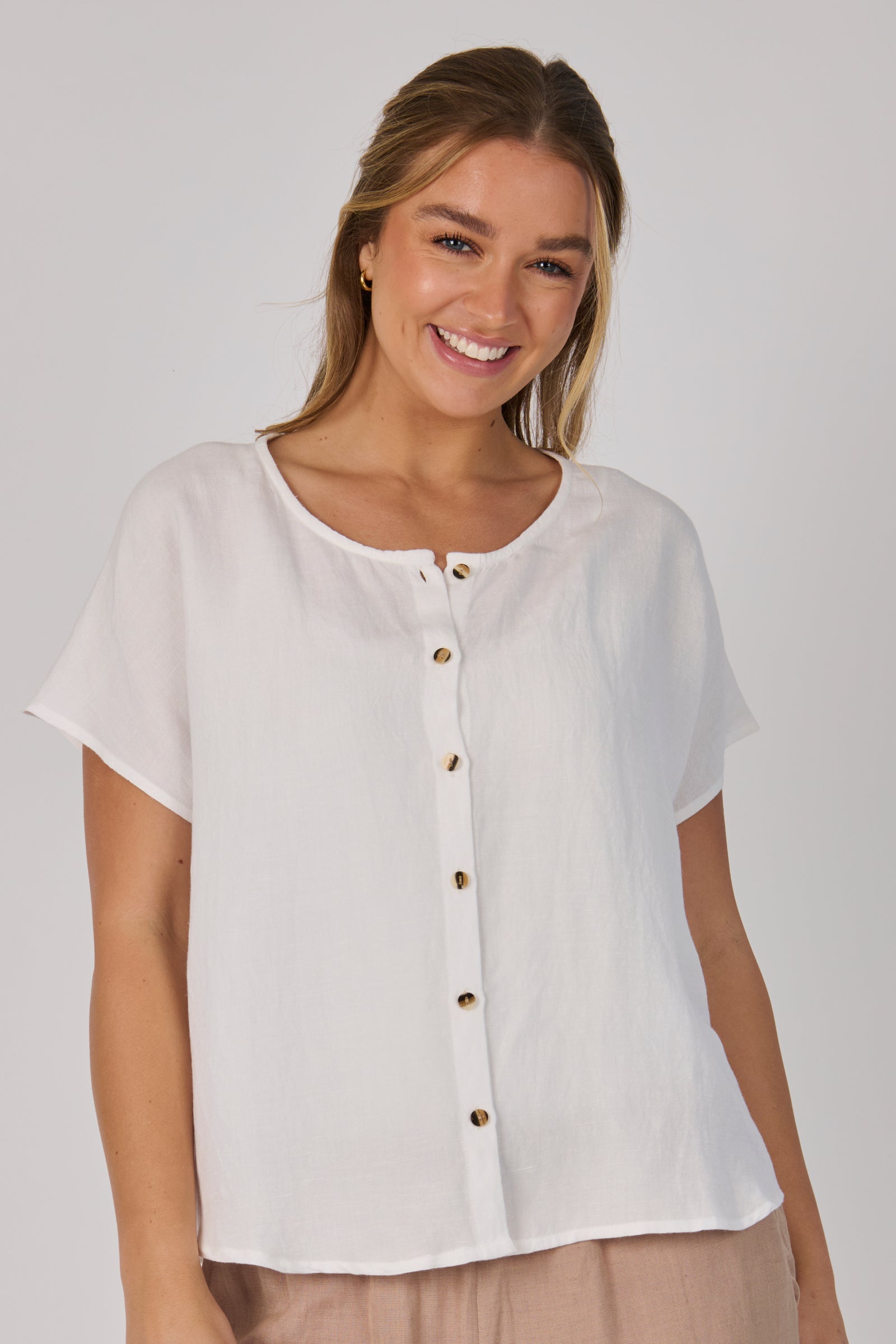 Ellis & Dewey Button Through Shell Blouse in White – linen lyocell short sleeve button-through blouse with shell buttons and relaxed silhouette, designed in Geelong Australia.