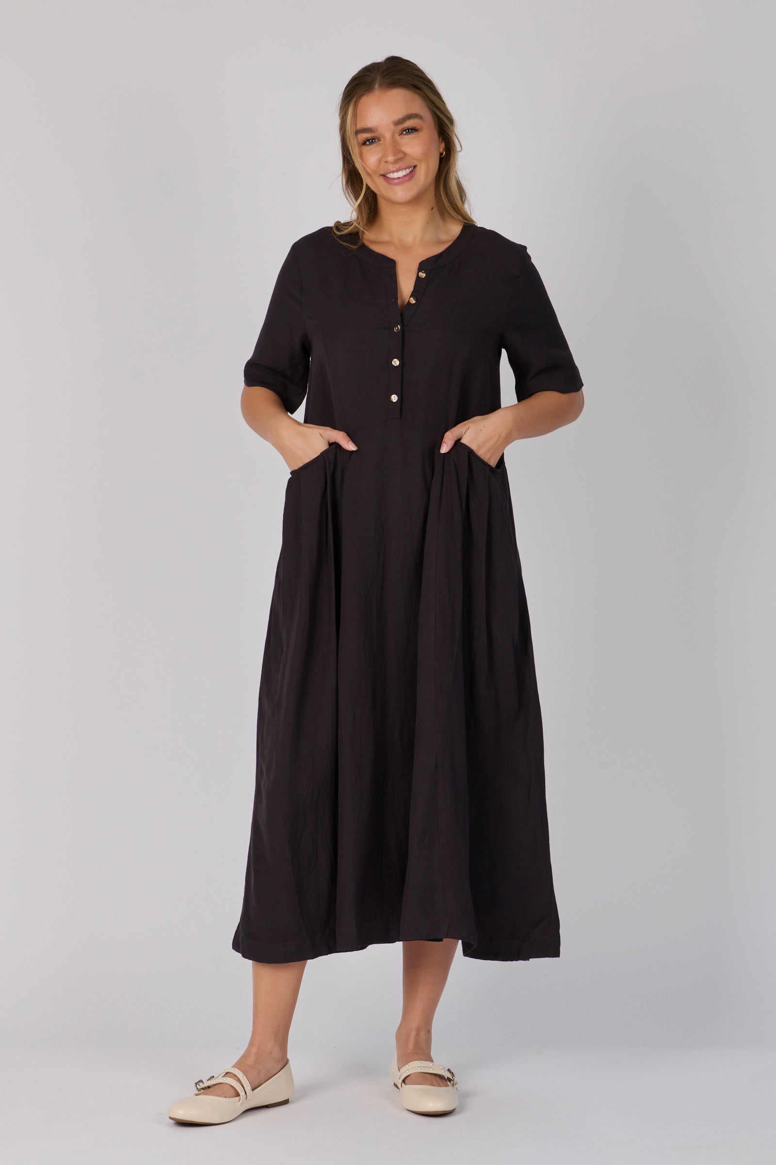 Ellis & Dewey Pocket Detail Midi Dress in Ink – relaxed A-line midi with button placket, elbow-length sleeves and side pockets, designed in Geelong Australia.