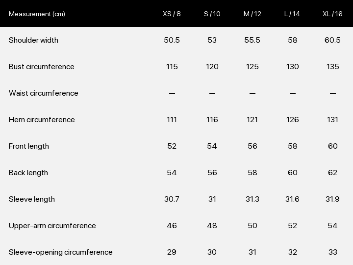 Product size chart enlarged
