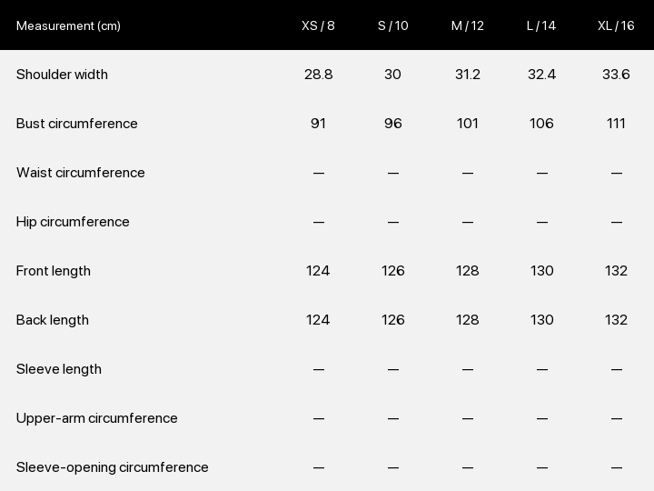 Product size chart enlarged
