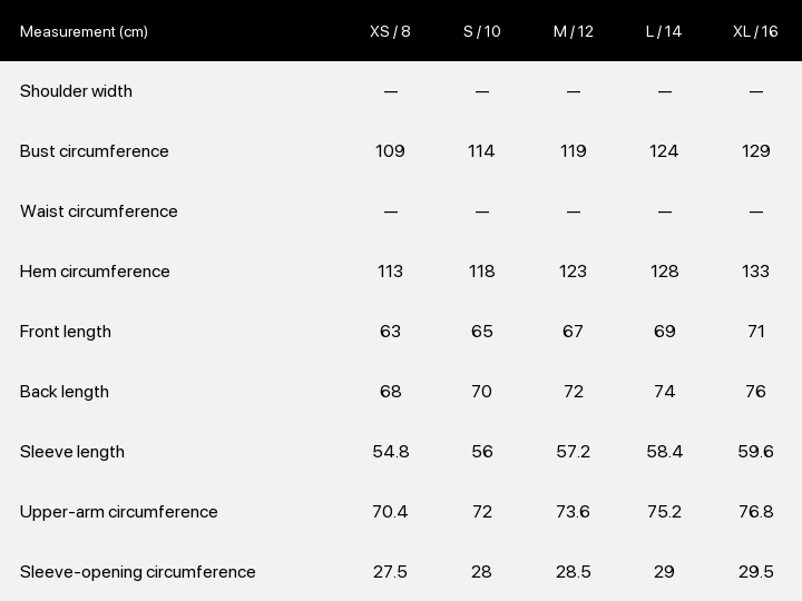 Product size chart enlarged