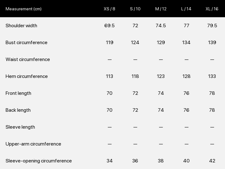 Product size chart enlarged