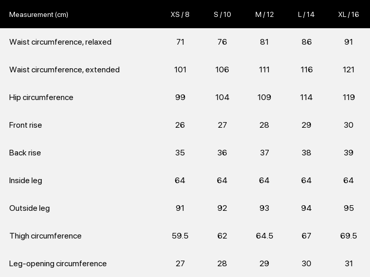 Product size chart enlarged