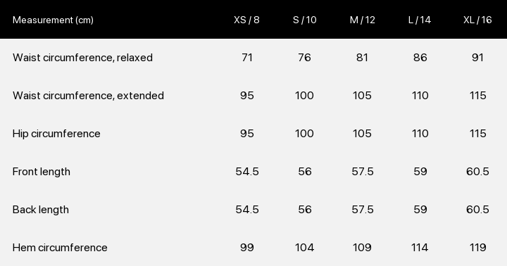 Product size chart enlarged