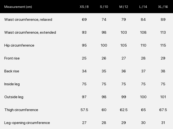 Product size chart enlarged