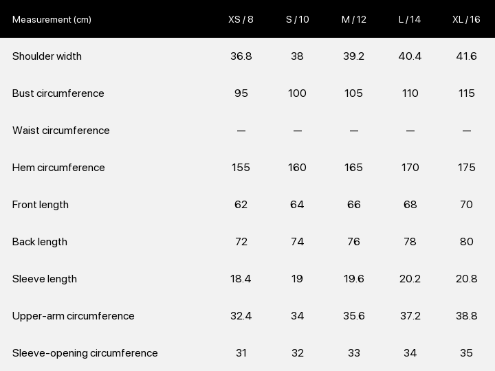 Product size chart enlarged