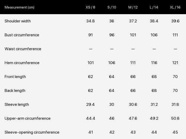 Product size chart enlarged