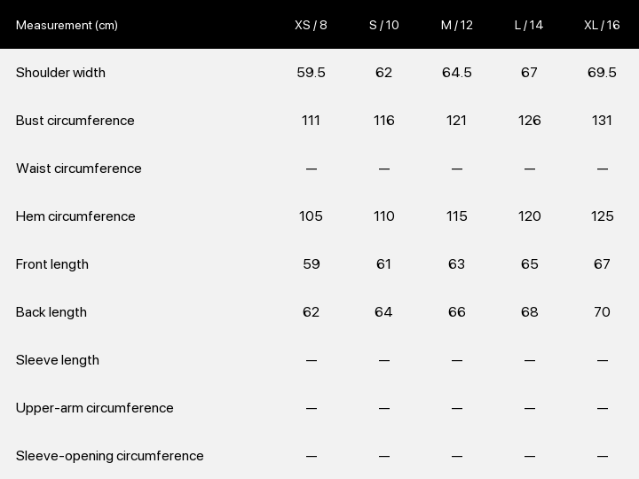 Product size chart
