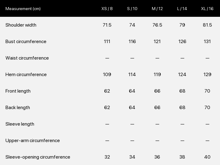 Product size chart