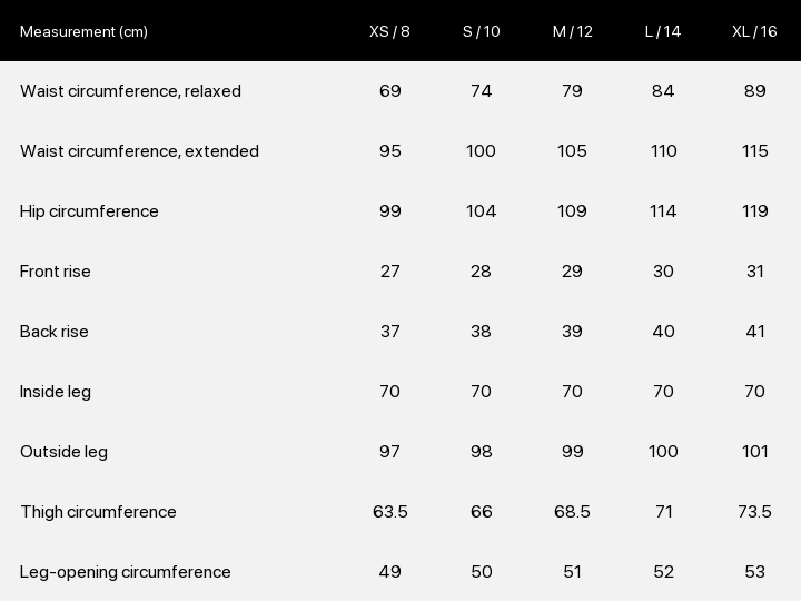 Product size chart enlarged