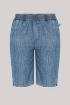 Pull-On Longline Short in dark blue lyocell with knee-length cut and side pockets.