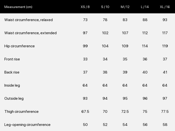 Product size chart enlarged
