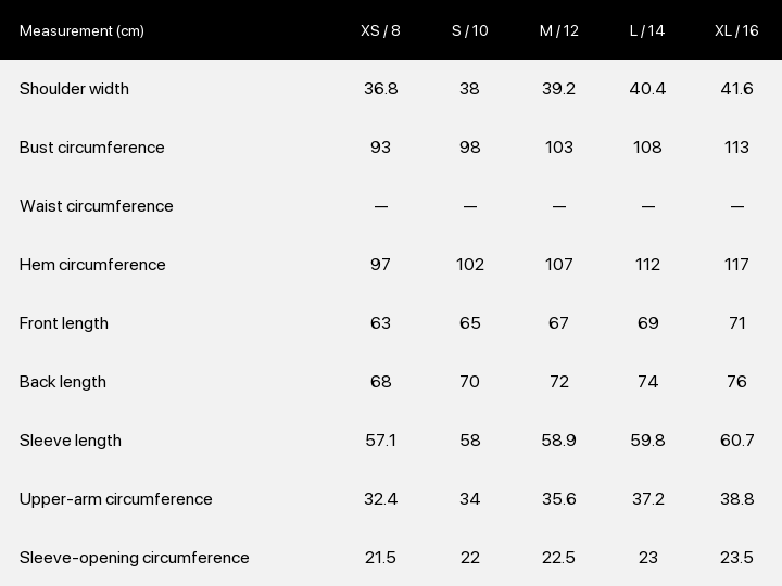 Product size chart enlarged