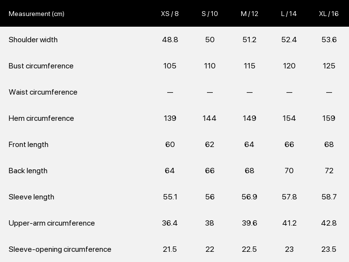 Product size chart