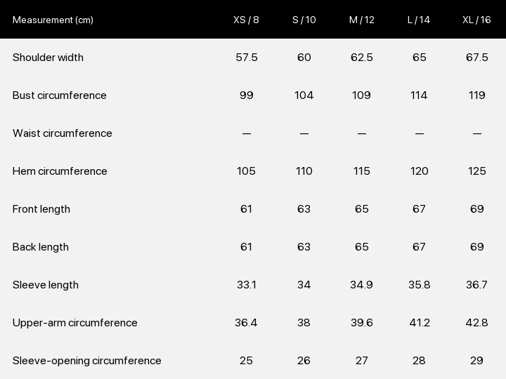 Product size chart enlarged