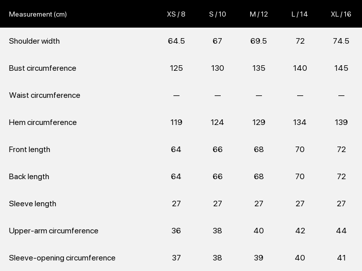 Product size chart enlarged
