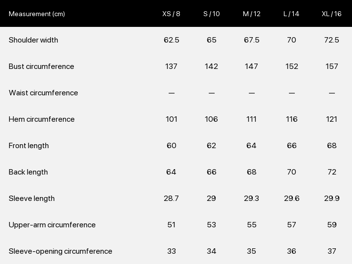 Product size chart enlarged