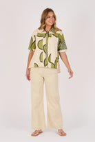 Ellis & Dewey Short Sleeve Button Through Shirt in Green Floral – 100% cotton collared shirt with button-through front and short sleeves, designed in Geelong Australia.