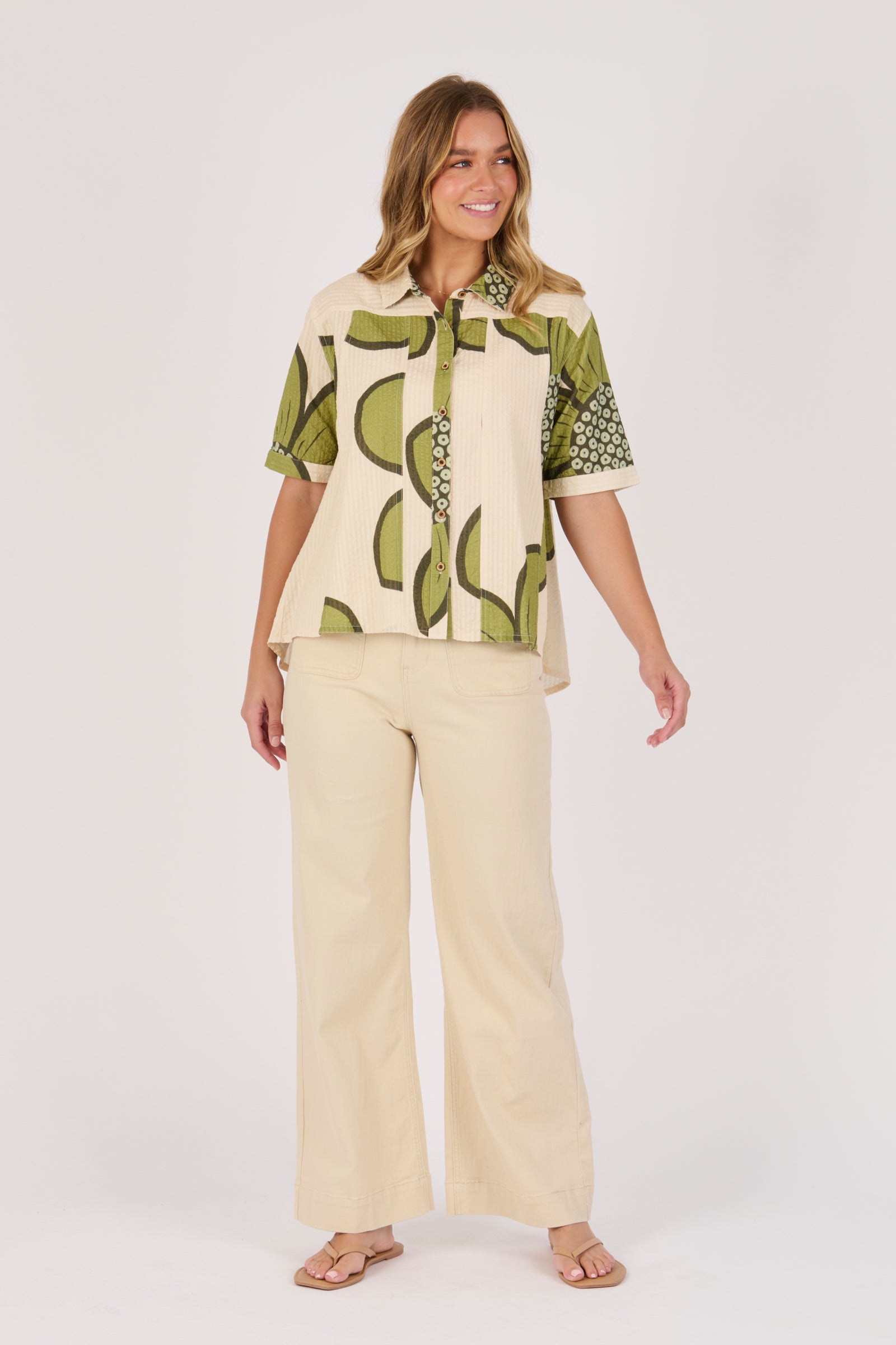 Ellis & Dewey Short Sleeve Button Through Shirt in Green Floral – 100% cotton collared shirt with button-through front and short sleeves, designed in Geelong Australia.