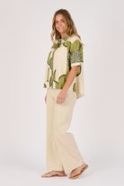 Ellis & Dewey Short Sleeve Button Through Shirt in Green Floral – 100% cotton collared shirt with button-through front and short sleeves, designed in Geelong Australia.