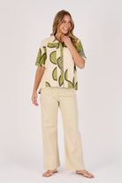 Ellis & Dewey Short Sleeve Button Through Shirt in Green Floral – 100% cotton collared shirt with button-through front and short sleeves, designed in Geelong Australia.