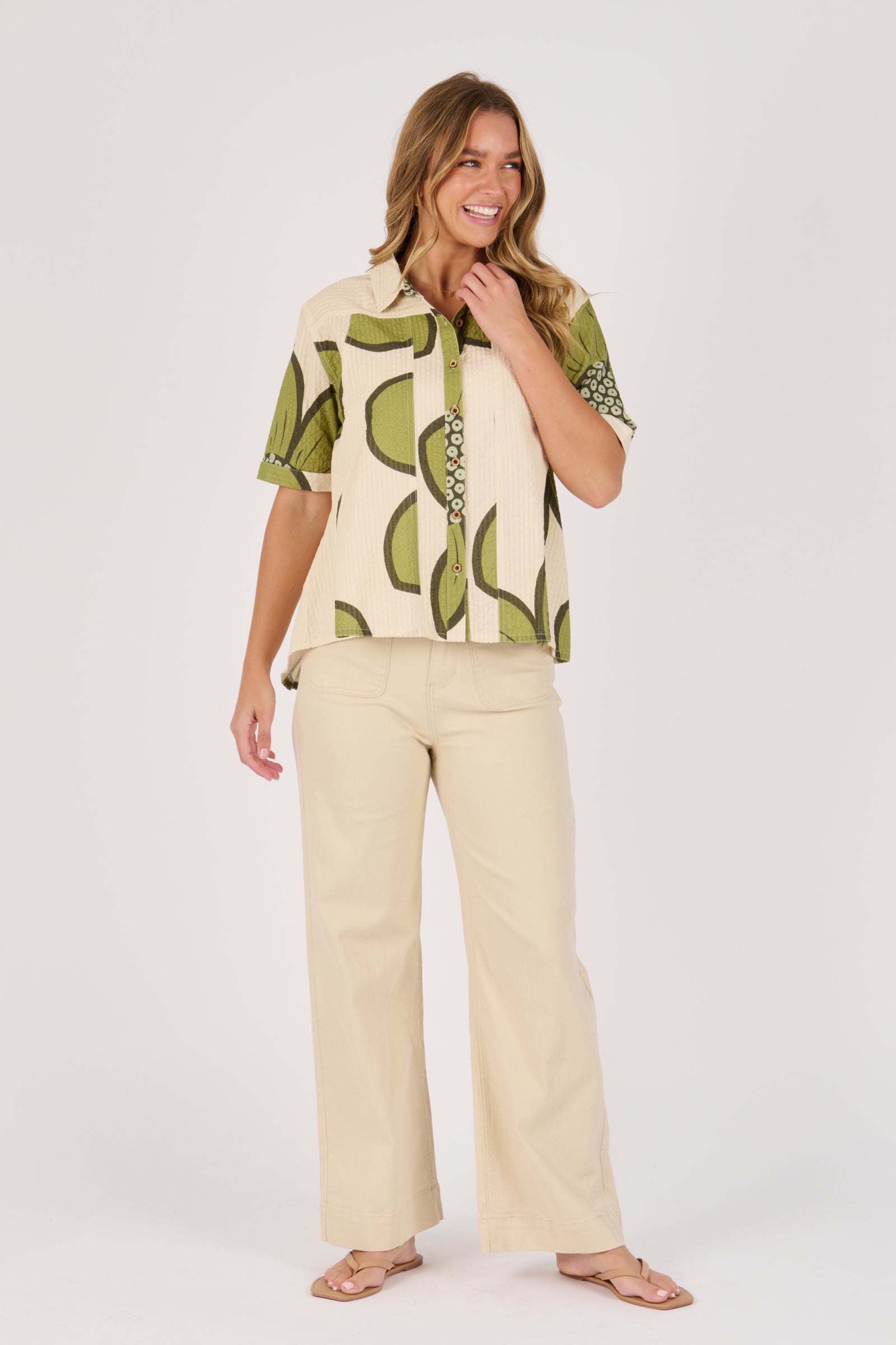 Ellis & Dewey Short Sleeve Button Through Shirt in Green Floral – 100% cotton collared shirt with button-through front and short sleeves, designed in Geelong Australia.