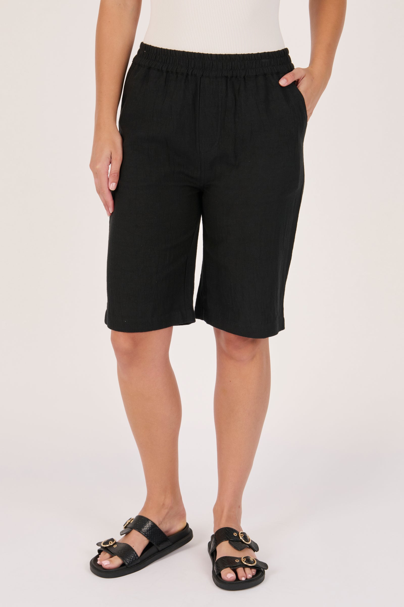 Ellis & Dewey Elastic Waist Pull On Short in Black - viscose-flex relaxed fit short with elastic waistband and side pockets, designed in Geelong Australia.