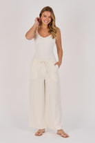 Ellis & Dewey Wide Leg Pull On Pant in Sand – viscose flex wide-leg pant with drawstring waistband and front pockets, designed in Geelong Australia.