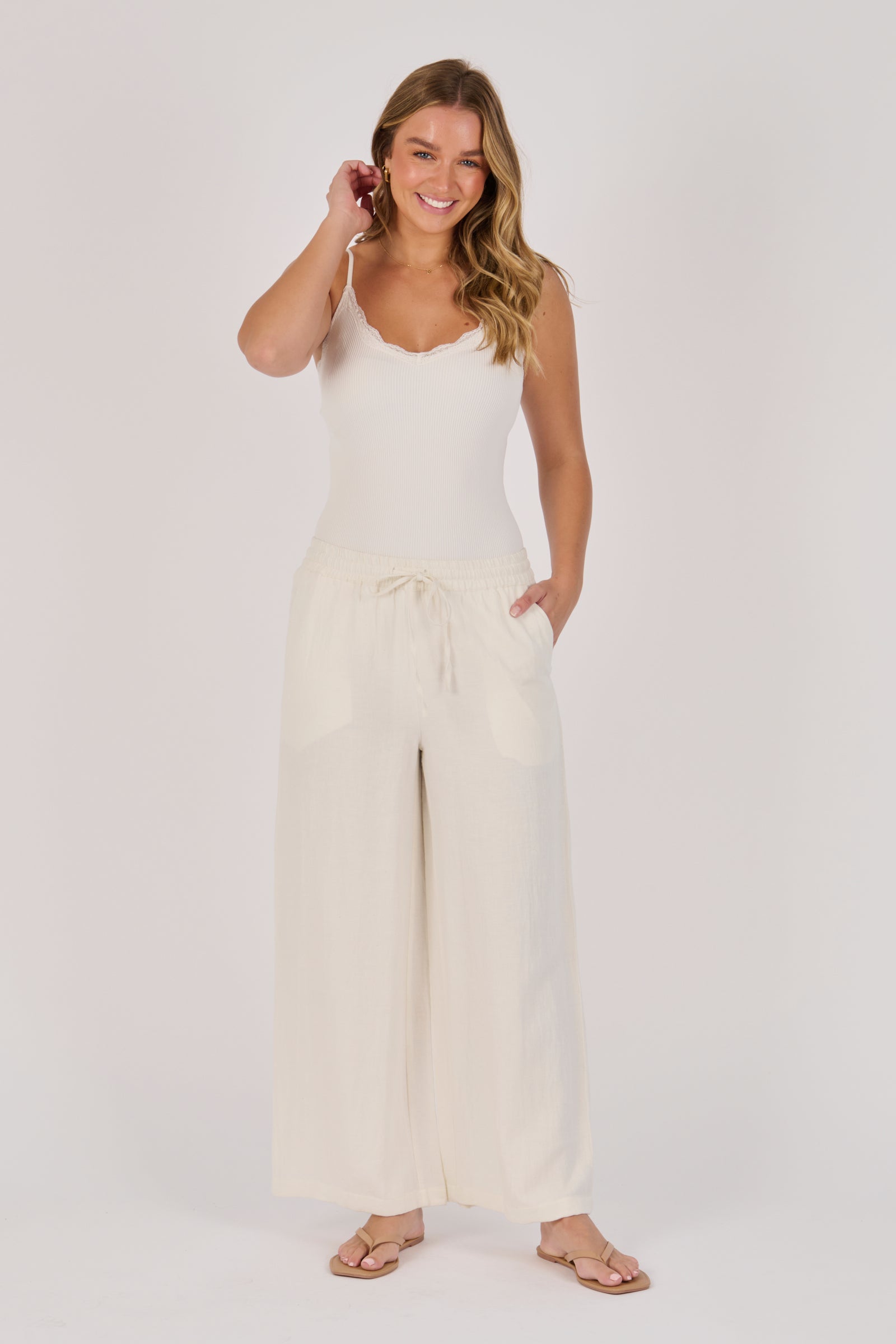 Ellis & Dewey Wide Leg Pull On Pant in Sand – viscose flex wide-leg pant with drawstring waistband and front pockets, designed in Geelong Australia.
