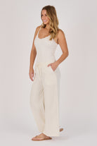Ellis & Dewey Wide Leg Pull On Pant in Sand – viscose flex wide-leg pant with drawstring waistband and front pockets, designed in Geelong Australia.
