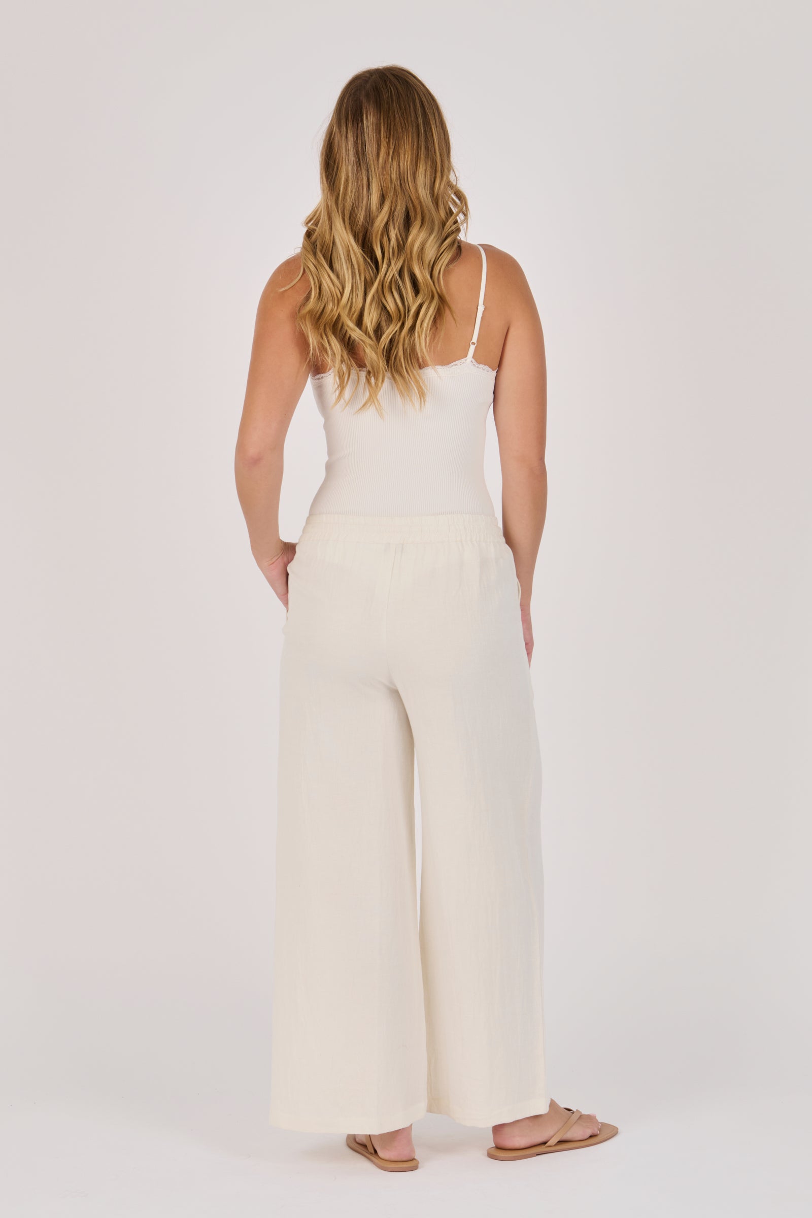 Ellis & Dewey Wide Leg Pull On Pant in Sand – viscose flex wide-leg pant with drawstring waistband and front pockets, designed in Geelong Australia.