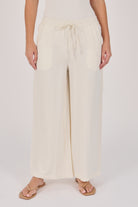 Ellis & Dewey Wide Leg Pull On Pant in Sand – viscose flex wide-leg pant with drawstring waistband and front pockets, designed in Geelong Australia.
