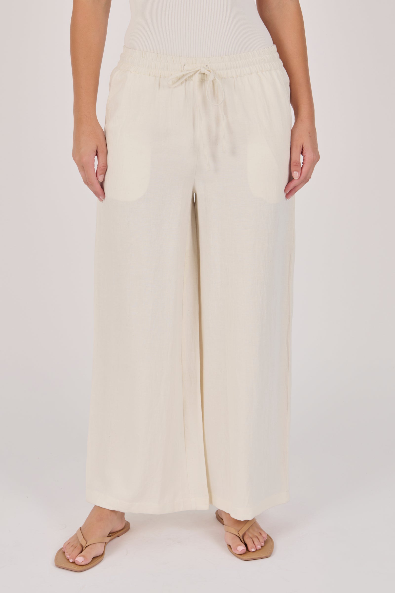 Ellis & Dewey Wide Leg Pull On Pant in Sand – viscose flex wide-leg pant with drawstring waistband and front pockets, designed in Geelong Australia.