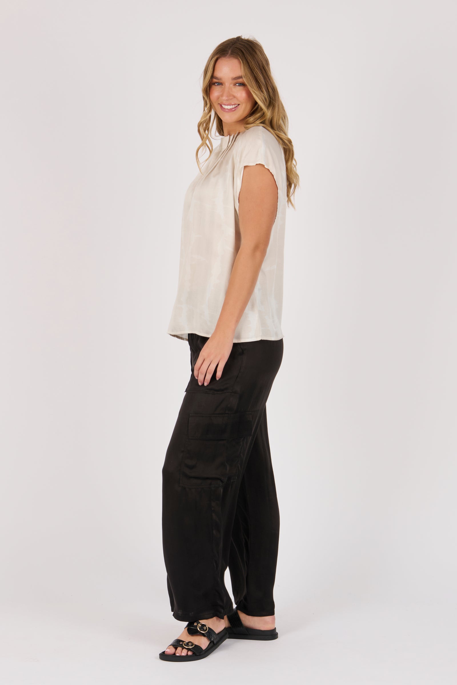 Ellis & Dewey Pleat Neckline Blouse in Gardenia – viscose satin twill blouse with pleated neckline and cap sleeves, designed in Geelong Australia.