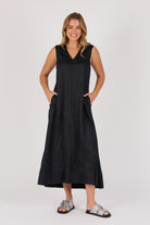 Ellis & Dewey Sleeveless V-Neck Maxi Dress in Black – lightweight viscose summer maxi dress with side pockets and relaxed A-line fit, designed in Geelong Australia.