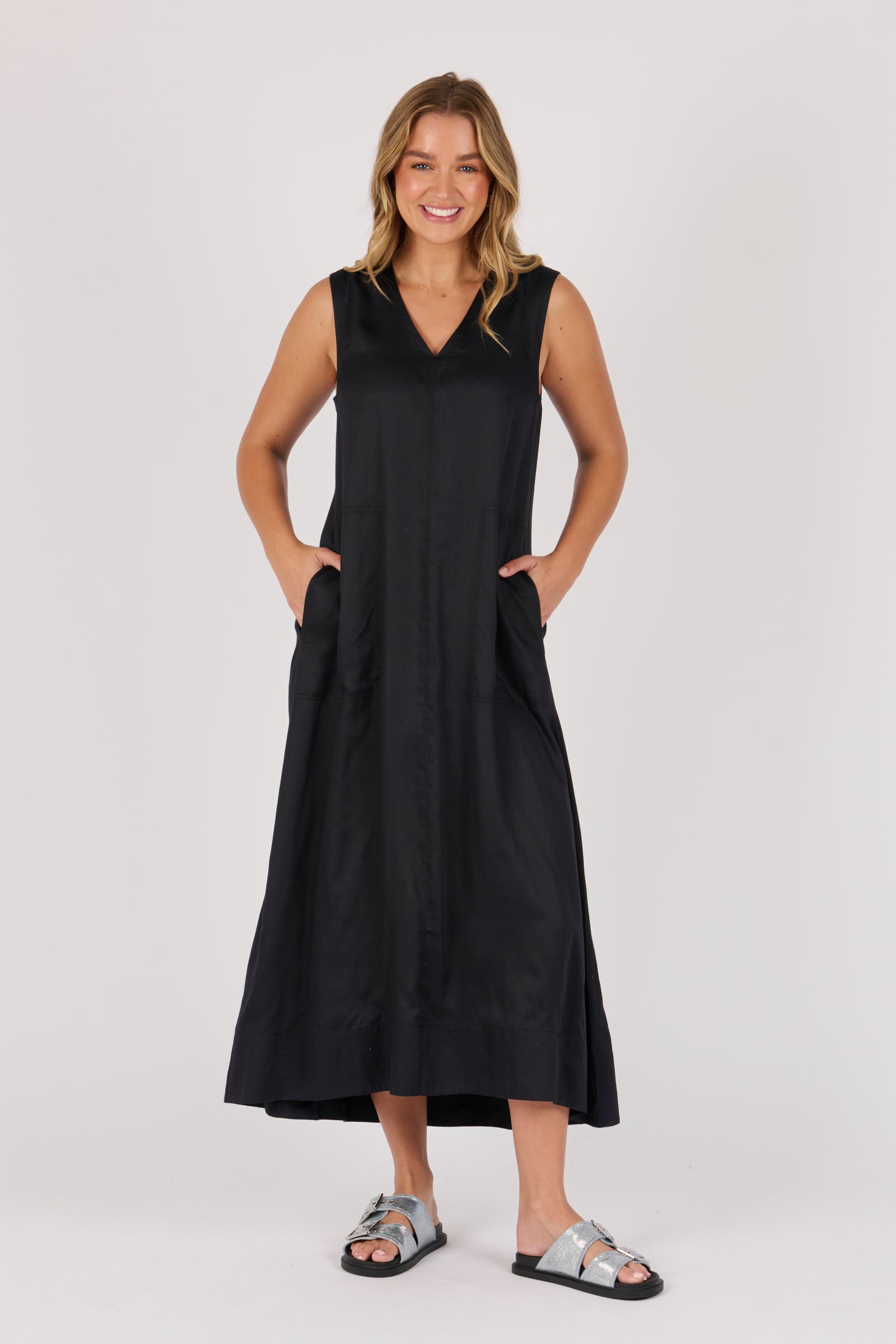 Ellis & Dewey Sleeveless V-Neck Maxi Dress in Black – lightweight viscose summer maxi dress with side pockets and relaxed A-line fit, designed in Geelong Australia.
