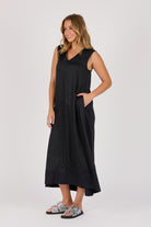 Ellis & Dewey Sleeveless V-Neck Maxi Dress in Black – lightweight viscose summer maxi dress with side pockets and relaxed A-line fit, designed in Geelong Australia.