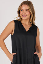 Ellis & Dewey Sleeveless V-Neck Maxi Dress in Black – lightweight viscose summer maxi dress with side pockets and relaxed A-line fit, designed in Geelong Australia.