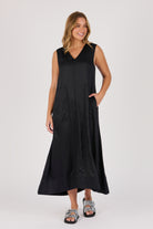 Ellis & Dewey Sleeveless V-Neck Maxi Dress in Black – lightweight viscose summer maxi dress with side pockets and relaxed A-line fit, designed in Geelong Australia.