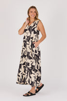 Ellis & Dewey Sleeveless V-Neck Maxi Dress in Ecru and Black Swirl – lightweight viscose summer maxi dress with abstract print, designed in Geelong Australia.